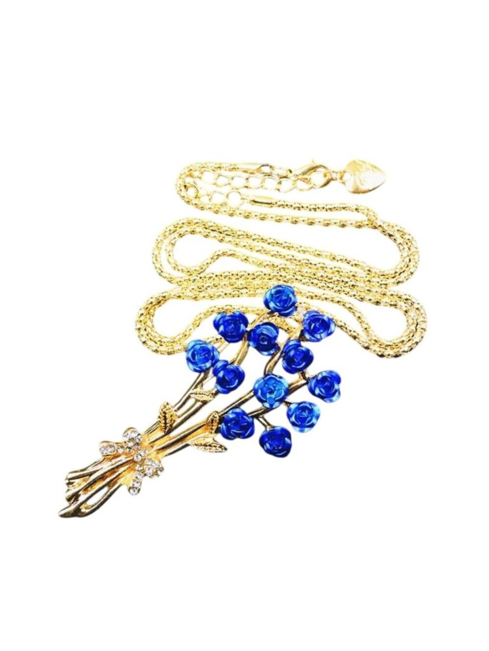 Betsey Johnson Necklace Blue Enamel Flower Bouquet Brooch / Pendant Gold Tone